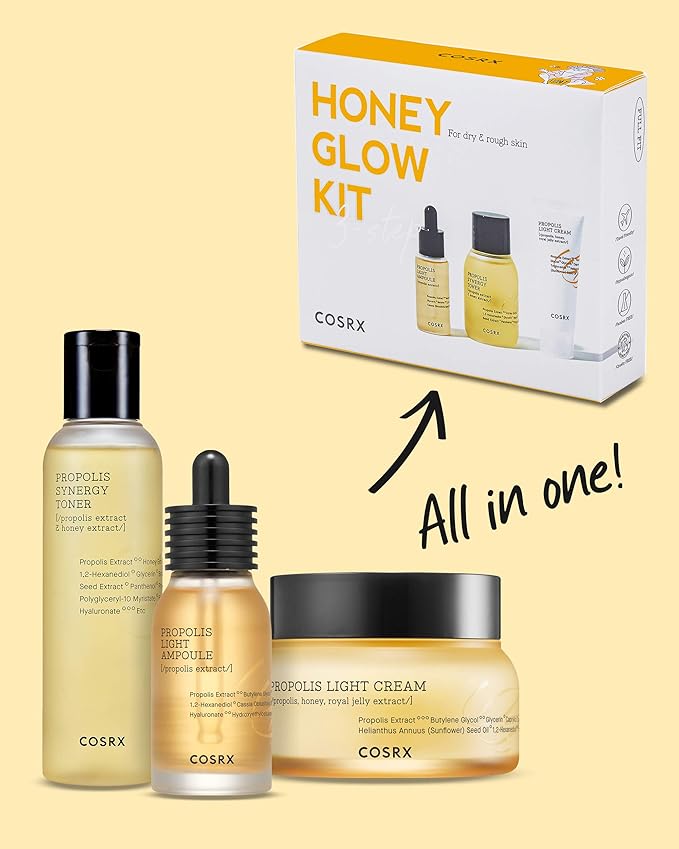 COSRX Honey Glow Kit, Korean Skin Care Set with Propolis Facial Toner, Serum, & Cream, Mothers Day Gifts for Mom, Mini Travel Essentials, Deep Moisture, Hydration, Nourishment, Travel Size Gift Set