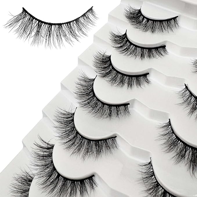 NINGLASH Wispy Lashes Strips False Eyelashes Natural Look 14mm Faux 3D Mink Lashes 7 Pairs Fluffy Cat Eye Lash Pack