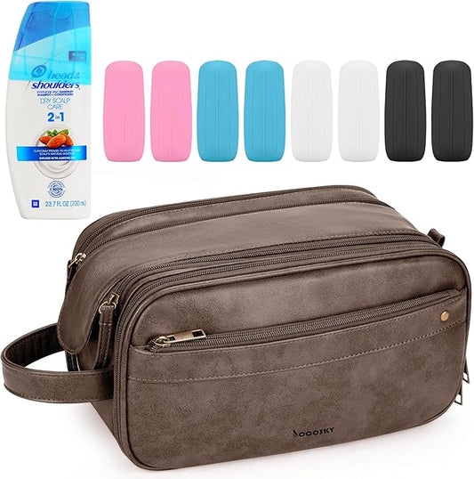 Travel Toiletry Bag for Men, Large Hanging Toiletries Organizer Bags, Cruise Ship Essentials, Water-resistant Shaving Case, PU Leather Makeup Accessories, Cosmetic Dopp Kit, Dark Brown