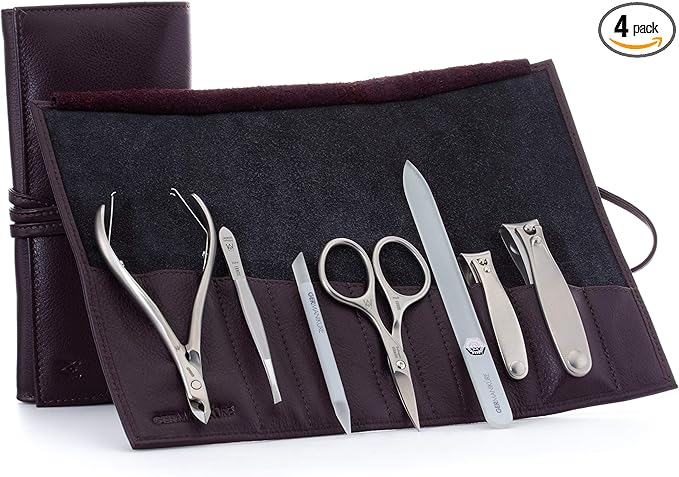 GERMANIKURE 7pc Manicure Set in Dark Purple Leather Case - FINOX Stainless Steel Tools Made in Germany, Glass Nail Care Supplies Made in Czech Republic – Professional Cuticle and Nail Care Kit