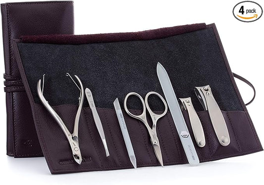 GERMANIKURE 7pc Manicure Set in Dark Purple Leather Case - FINOX Stainless Steel Tools Made in Germany, Glass Nail Care Supplies Made in Czech Republic – Professional Cuticle and Nail Care Kit