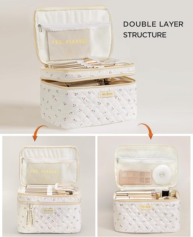 HBselect 2Pcs Travel Makeup Bag, Large Cotton Quilted Makeup Bag Cosmetic Bag Cute Make up Bag Toiletry Bags for Women Girls