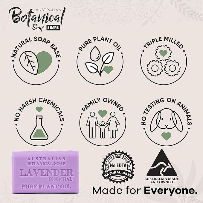 Australian Botanical Soap Lavender with Essential Oil 6.6 oz Triple Milled Luxury Soap Bar Enriched with Shea Butter, Pack of 1