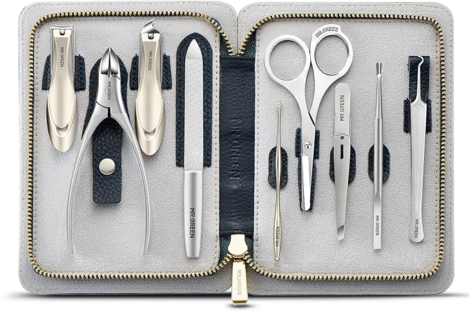 MR.GREEN Innate Luxury Manicure Set Surgical Grade Scissors Stainless nail clipper Kit full grain cow leather package Pedicure (9 in 1 Manicure Set)