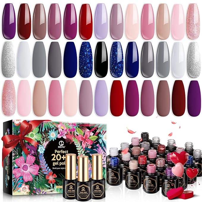 MEFA Gel Nail Polish Kit 23 Pcs, 20 Summer Gel Polish Colors Pink Red Glitter Blue Gel Nail Set Modern Muse Collection Starters Nails Art Manicure DIY Home Gifts