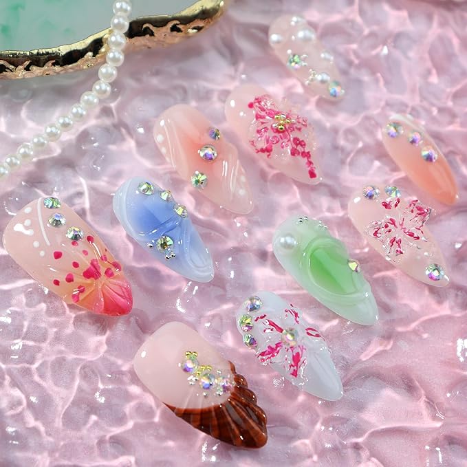 Almond Press on Nails Handmade Medium Long/Stiletto 3D Flower Fake Nail with Designs, Women Reusable False Nails (Colorful Floral, M)