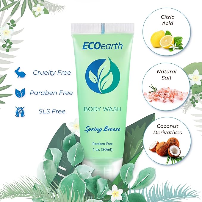 EcoEarth Hotel Toiletries Bundle (Spring Breeze, 1 oz Each, 125 Pieces) 5-Piece Set: 25 Each Round Bar Soap, Shampoo, Conditioner, Body Lotion & Body Wash - Bulk Mini Guest Amenities