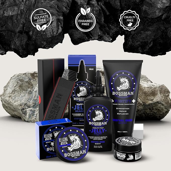 Bossman Complete Beard Kit – Men's Beard Oil Jelly, Fortifying Shower Conditioner, Balm, Mustache Wax & Comb – Beard Softener & Grooming Care (Royal Oud Scent)