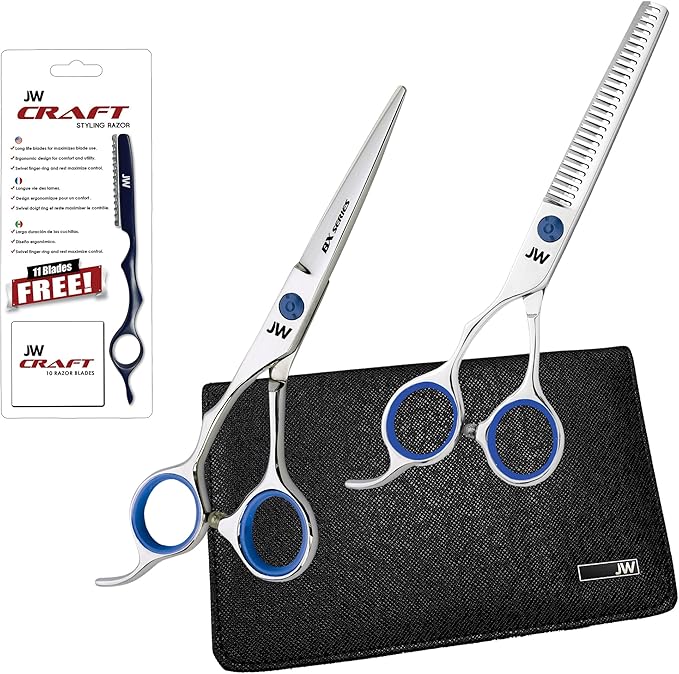 JW Shears Professional Hairdressing Shear, Thinner, Razor and Case Set (5.75" Lefty Silver/Blue)