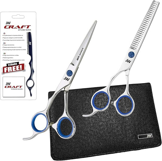 JW Shears Professional Hairdressing Shear, Thinner, Razor and Case Set (5.75" Lefty Silver/Blue)