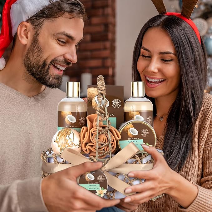 Mothers Day Gifts Spa Gift Basket for Women and Men, 7pcs Vanilla Coconut Bath and Body Self Care Set With Bath Bomb, Shower Gel, Parfume Lotion, Spa Kit, Skin Care, Birthday, Bridal Shower, Christmas