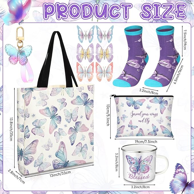 Animal Lover Gifts for Women Mother's Day Animal Themed Gifts for Mom Include Canvas Tote Bag, Makeup Bag, Socks, Keychain, Enamel Mug, Small Figurines(Butterfly)