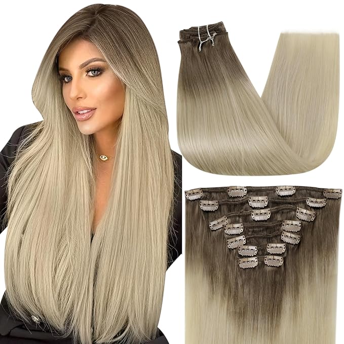 Full Shine Short Clip in Hair Extensions Blonde Real Human Hair Extensions Clip ins 12 Inch Ash Brown Balayage to Platinum Blonde Straight Remy Hair Extension Clip ins 7 Pcs