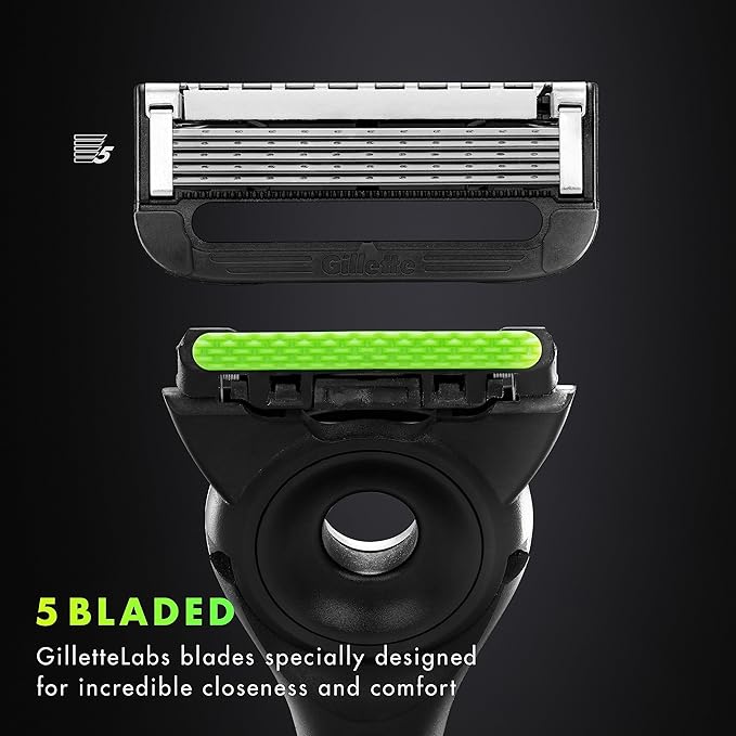 Gillette Labs Men's Razor with Exfoliating Bar, Shaving Kit Includes 1 Handle, 2 Razor Blade Refills, 1 Premium Magnetic Stand, Black and Gold