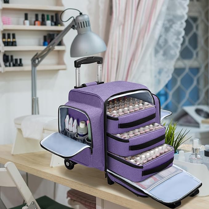 BAFASO Rolling Nail Polish Organizer Holds 144 Bottles, Nail Polish Case with a Detachable Dolly and 3 Removable Cases (Patented Design), Purple
