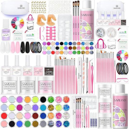 SAVILAND Acrylic Nail Kit with Everything: Nails Kit Acrylic Set For Beginners Gel Polish Kit U V Lamp Nail Decoration Professional Acrylic Nails Kit Starter Full Acrylic Nail Supplies DIY Home Salon