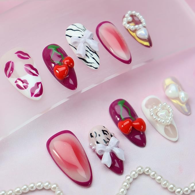 Almond Press on Nails Handmade Medium Long/Stiletto 3D Flower Fake Nail with Designs, Women Reusable False Nails (Heart Cherry Lips, S)