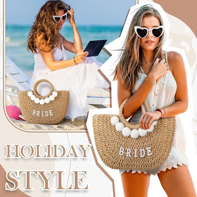 4 Pcs Bridal Shower Gift Set Include Handwoven Wedding Straw Purse Makeup Cosmetic Tote Bag Beach Bride Sunglasses Cross Band Women Slippers for Bridal Shower Bachelorette Party(Bride)