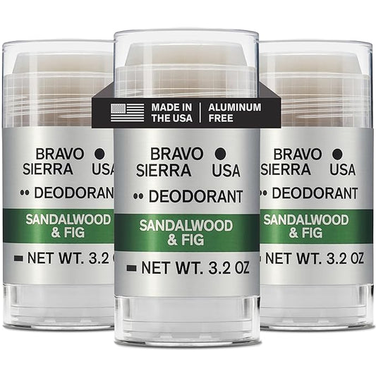 Aluminum-Free Deodorant for Men by Bravo Sierra, 3-Pack - Contains Natural Ingredients – Long Lasting All-Day Odor and Sweat Protection - Sandalwood & Fig, 3.2 oz - Paraben-Free, Vegan & Cruelty-Free