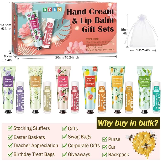 AZEN 30 Sets Hand Cream Bulk and Lip Balm Bulk Set, Bridal Shower Gifts for Guests with Organza Bag Thank You Card, Bridal Wedding Favors for Guests, Thank You Gifts for Coworkers Women Men