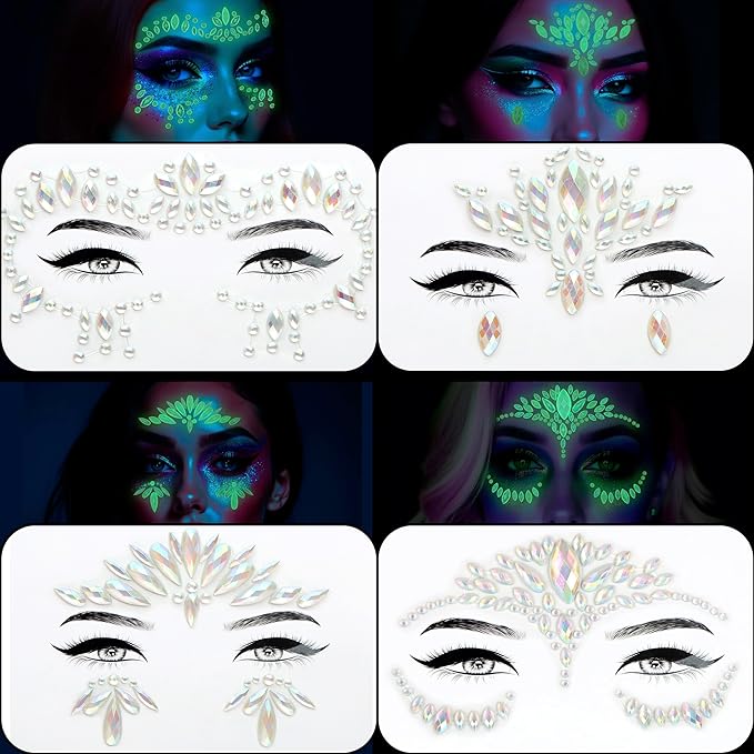 Face Gems Adhesive Glitter Jewel Tattoo Sticker Festival Gems Rave Party Body Make Up (GLOW IN THE DARK)