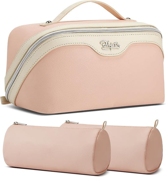 BOYATU Travel Makeup Bag Set: Portable Make up Bag for Traveling - Leather Cosmetic Bags for Women - Waterproof Toiletry Organizer Bags with Handle (D-04-Pink)