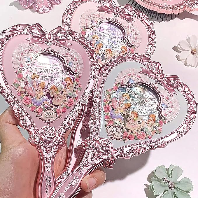Flower Knows Strawberry Rococo Hand Mirror,Portable Vintage Handheld Mirror,Durable Metal Mirror,Cute & Aesthetic Princess Mirror,with Long Handle for Easy Holding,Gift for Girls(Milky Pink)