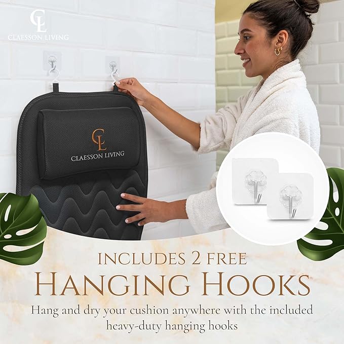 Full Body Bath Pillow (17'' x 49'') - Bathtub Cushion with Headrest Supports Neck, Back and Legs - Free Hanging Hooks for Fast Drying Over Tub - Includes Washing and Travel Bags - Black