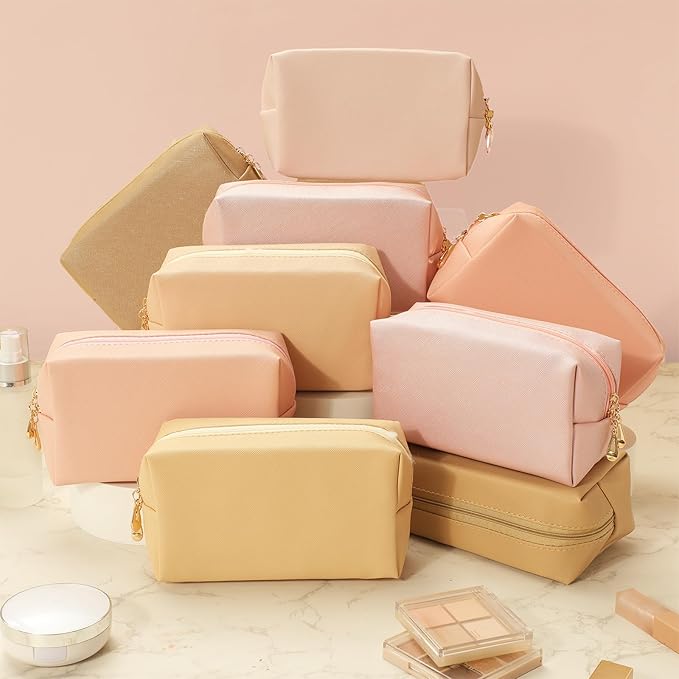 Sanwuta 9 Pcs Preppy Makeup Bag PU Leather Cosmetic Bag Makeup Pouch Plain Waterproof Toiletry Organizers for Traveling Preppy Travel Purse End of the Year Teacher Gifts Bulk(Pink Brown Series)