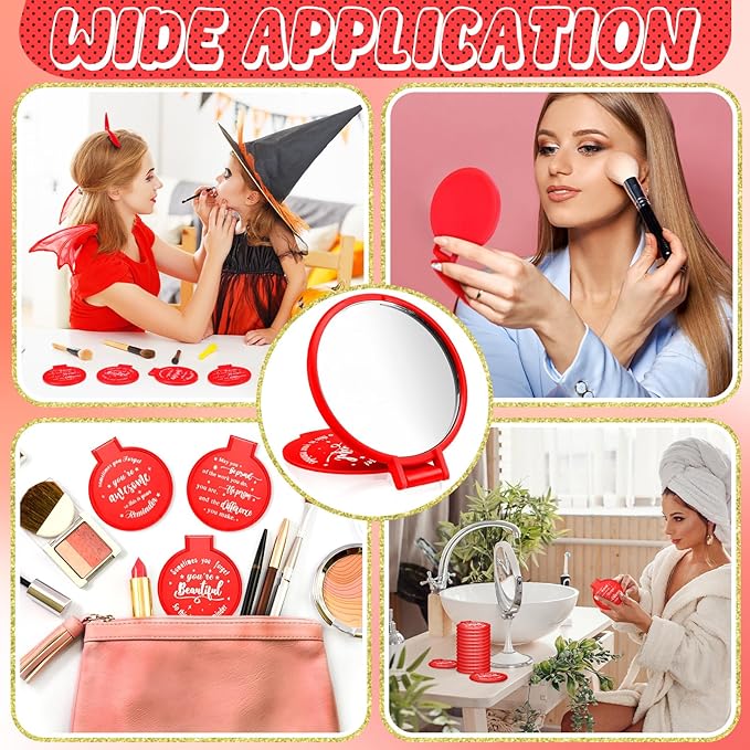 Wenqik 64 Pcs Compact Mirror Bulk Red Gifts for Women Small Inspirational Pocket Purse Handheld Mirror Portable Round Makeup Folding Appreciation Gift for Valentine Christmas Daily Travel Coworker