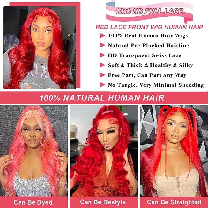 32 Inch Red Lace Front Wigs Human Hair Body Wave 13x6 Hd Lace Frontal Wigs Human Hair Pre Plucked With Baby Hair 180% Density Wear and Go Glueless Burgundy Red Wig Hair for Black Women