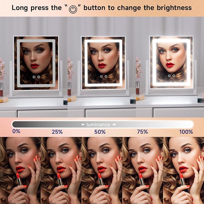 Lighted Makeup Mirror，Hollywood Vanity Mirror with Lights，Touch Control，3 Colors Dimable，Brightness Adjustable，Detachable 10x Magnification，for Vanity Desk Tabletop，Bedroom，360°Rotation，Gift for Women