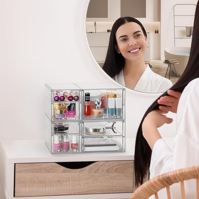 Sorbus Makeup Organizer With 7 Drawers, Acrylic Drawer Organizer for Makeup, Office Organization and Storage, Art Supplies, Jewelry, Stationary - 2 Pcs Clear Stackable Storage Bins Organizer Drawers