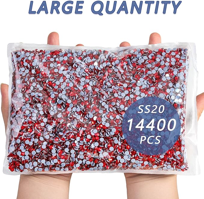 Beadsland Hotfix Rhinestones Bulk, 14400pcs Red Hot Fix Rhinestones for Crafts Clothes DIY Decoration, Light Siam, SS20, 4.6-4.8mm