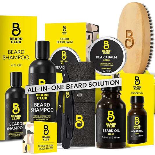 Beard Club Mens Grooming Kit, Beard Kit for Men - Style, Moisturize and Grow a Healthier Beard - Straight Edge Razor, Beard Shampoo, Cedar Beard Balm and Beard Oil, Boar Bristle Beard Brush - Gift Kit