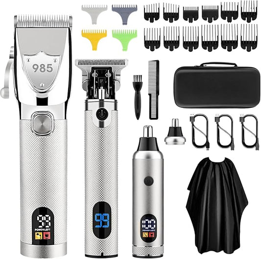 Professional Hair Clippers for Men, Electric Cordless Clippers and Trimmers Set, Nose Hair Beard Trimmer, Hair Cutting Barber Clippers with Guards, T Liners Edgers Clippers for Mens (Silver)