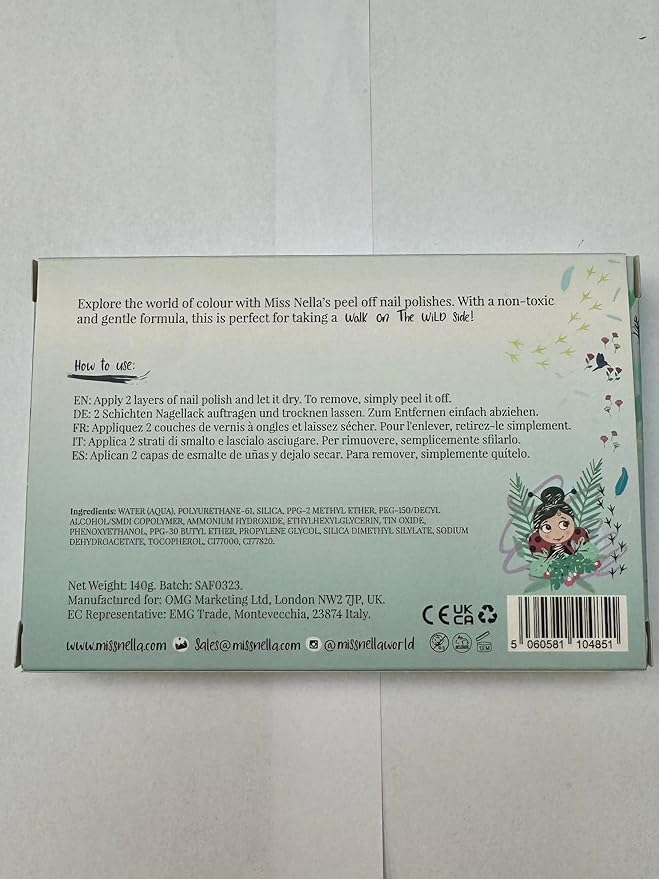 MISS NELLA SAFARI COLLECTION Glitter Nail Polish for kids, set of 4 glitter varnishes: pink, red, purple & blue, Peel- Off varnish for toddlers