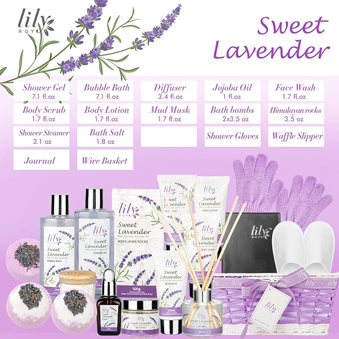 Mothers Day Gift for Mom - Relaxing 18-Piece Bath and Body Basket for Women Lavender Spa Gift Basket Set Bath Collection with Bath Bomb | Christmas, Birthday, Perfect Spa Present for Her All Occasions