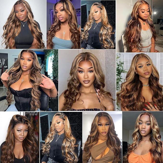 34 Inch Highlight Lace Front Wigs Human Hair Pre Plucked With Baby Hair 4/27 Colored 13x4 Body Wave Lace Frontal Wigs 180% Density Honey Blonde Lace Frontal Wig For Women