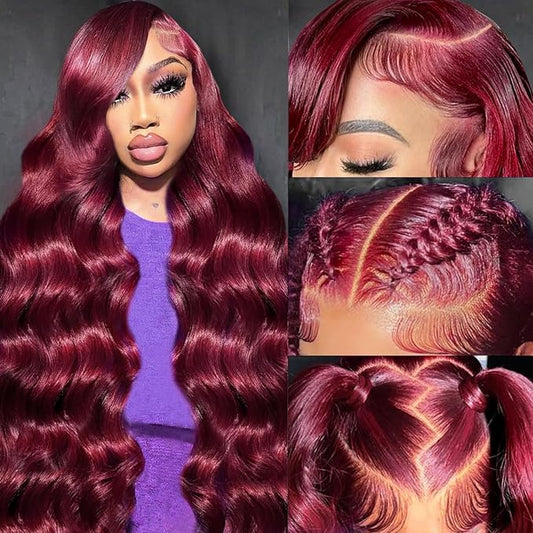 22 Inch 99J Burgundy Lace Front Wigs Human Hair 13x6 Lace Front Wigs Human Hair Body Wave HD Transparent with Baby Hair Red Wine Glueless Lace Front Wigs Human Hair Wigs for Women 180 Density