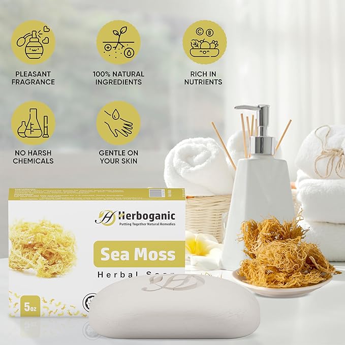 Sea Moss Herbal Soap | Pack of 6 of 5oz soap Bar | Ideal for Men and Women, Soothing and Nourishing Soap for Moisturization