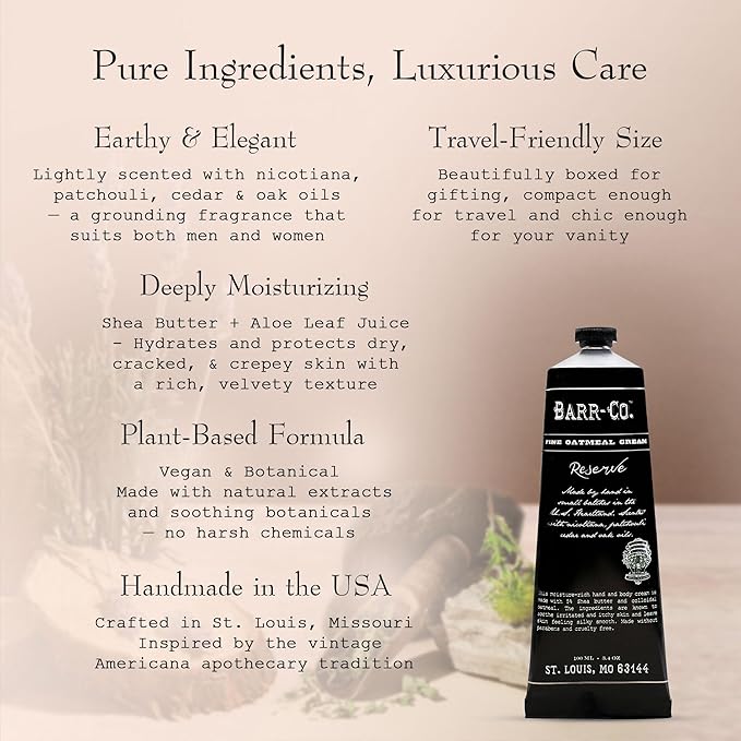 BARR-CO. Reserve Hand & Body Cream, Woody Patchouli & Nicotene Aroma, Body Cream for Dry Cracked Skin, Suitable for Aging Crepey Skin, Moisturizing Shea Butter Cream, 3.4 oz