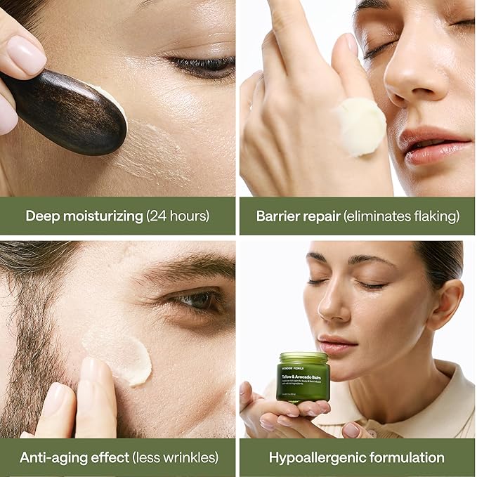 Grass Fed Beef Tallow for Skin and Face with Avocado Oil - Dry Skin Moisturizer for Men & Women - Beef Tallow Balm for Face, 1 Wooden Spatula & Bag