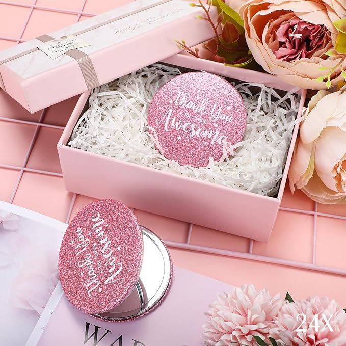 Thyle 24 Pcs Pink Inspirational Compact Mirror Gifts for Women Thank You for Being Awesome Travel Bling Pocket Mirror Bulk Double Sided for Mother's Day Employee Coworker Birthday Female Gifts