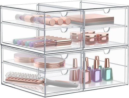 Sorbus Makeup Organizer With 7 Drawers, Acrylic Drawer Organizer for Makeup, Office Organization and Storage, Art Supplies, Jewelry, Stationary - 2 Pcs Clear Stackable Storage Bins Organizer Drawers