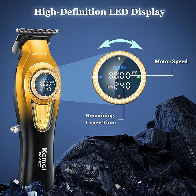 KEMEI 1677 Beard Trimmer for Men, Professional Hair Clippers, Cordless Barber Clipper with LED Display, DLC T-Blade Hair Trimmer, 8000 RPM Turbo Brushless Motor