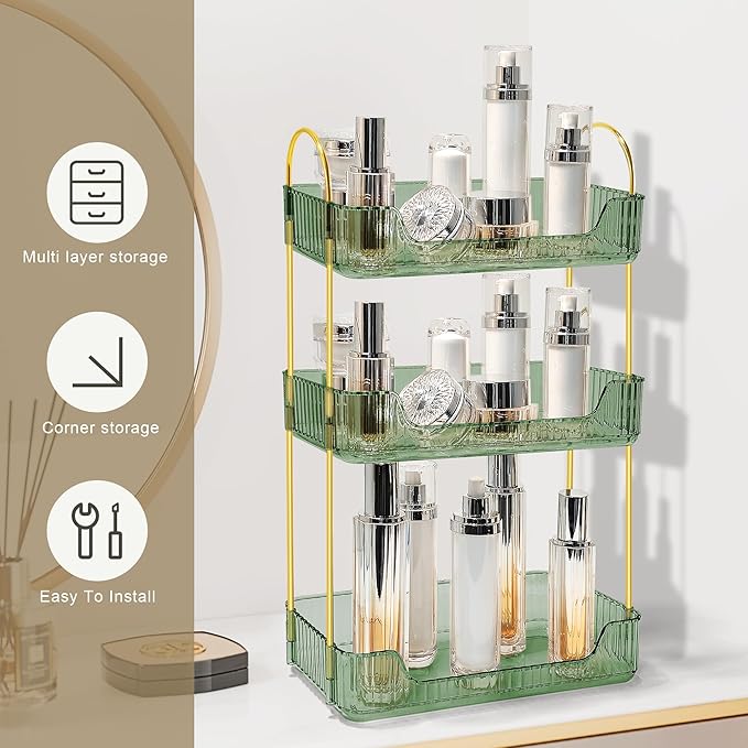 Bathroom Counter Organizer Countertop Storage Skincare Countertop Makeup Organizer Cosmetics Skincare Organizers Holder for Perfume-Green-Golden Pole-3 Tier