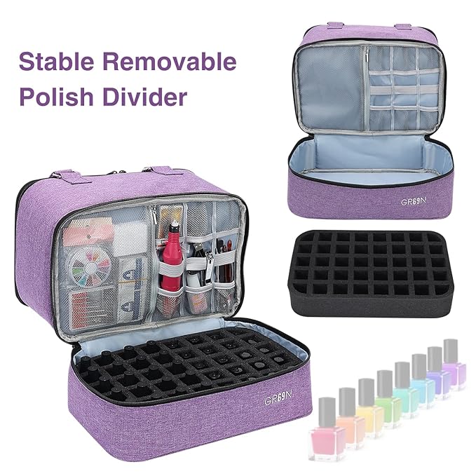 Nail Polish Organizer Bag,Double Layer Nail Polish Storage Fits a Nail Lamp and 40 Bottles,Great Size Nail Storage Organizer For Nail Drill,Nail Supplies Set (Bag Only)-Purple