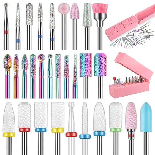 30Pcs Nail Drill Bits Set with 30 Holes Pink Holder, 3/32 Inch Tungsten Carbide Ceramic Quartz Pointed Cuticle Puntas para Drill Nails for Acrylic Gel Nail Manicure, Home Salon