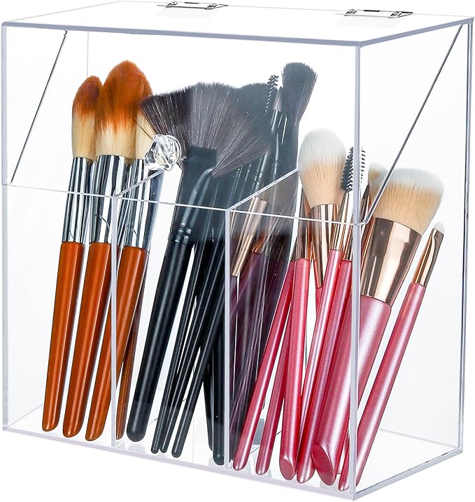 Acrylic Makeup Brush Holder with Lid - Clear Cosmetic Makeup Brush Organizer and Storage Box with Cover for Vanity - Large Capacity 3-Slots Container for Brushes (Clear)